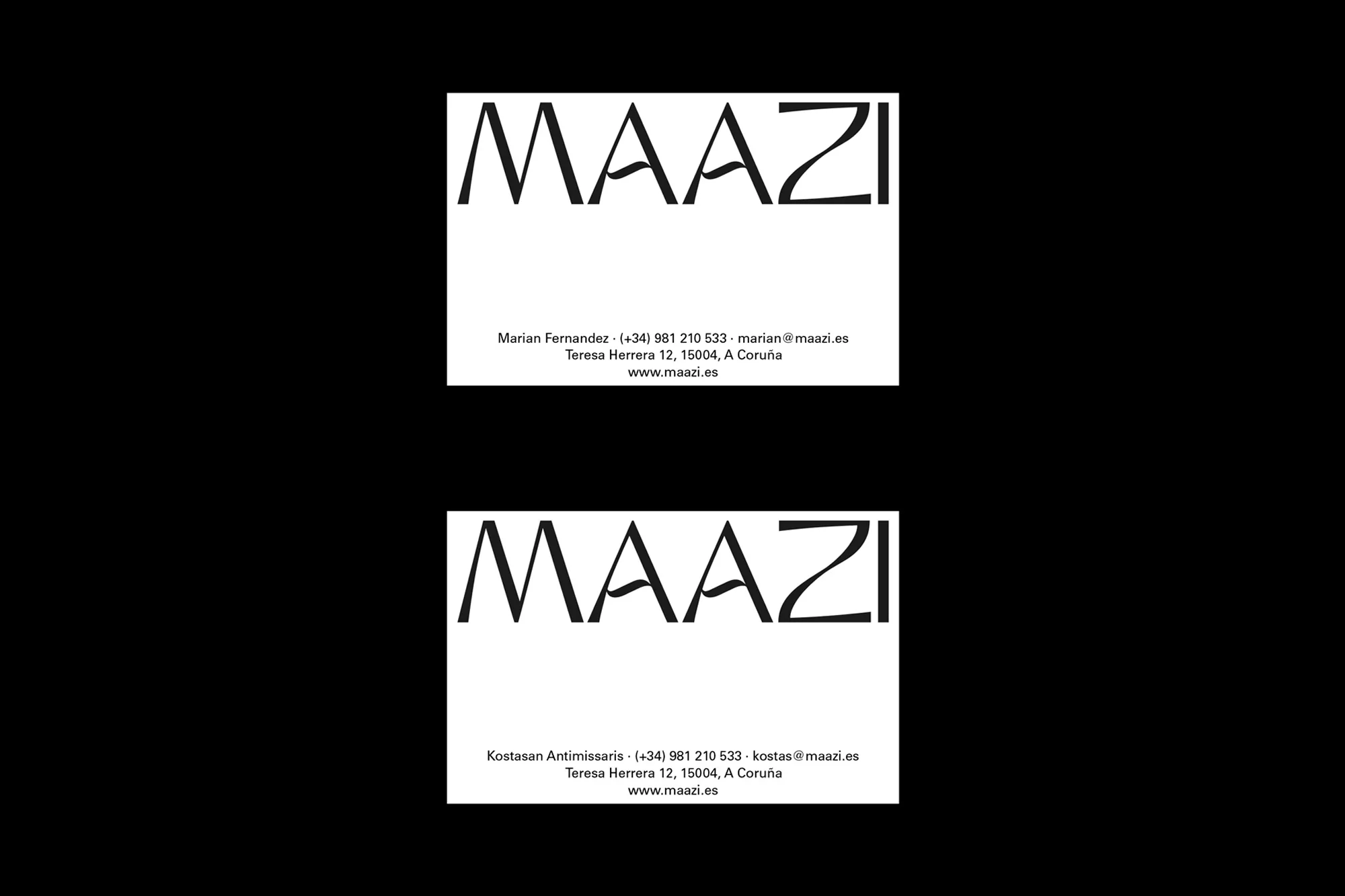 Two business cards featuring the company name MAAZI, contact information, and address against a contrasting background.