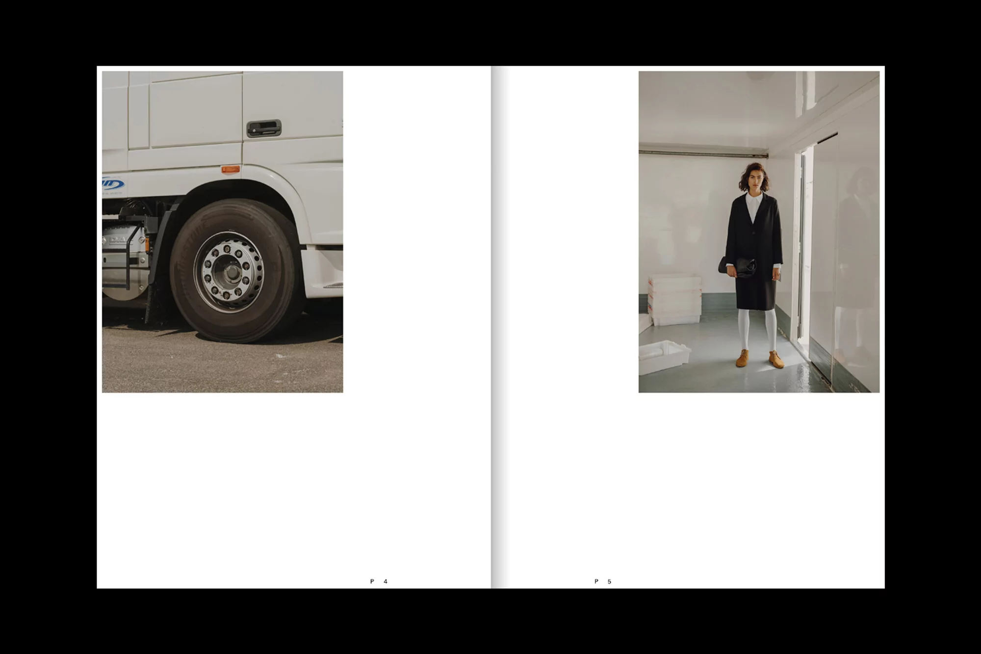 Fashion editorial featuring a woman in a black coat and white leggings, contrasted with a truck cab and tire on a magazine spread.