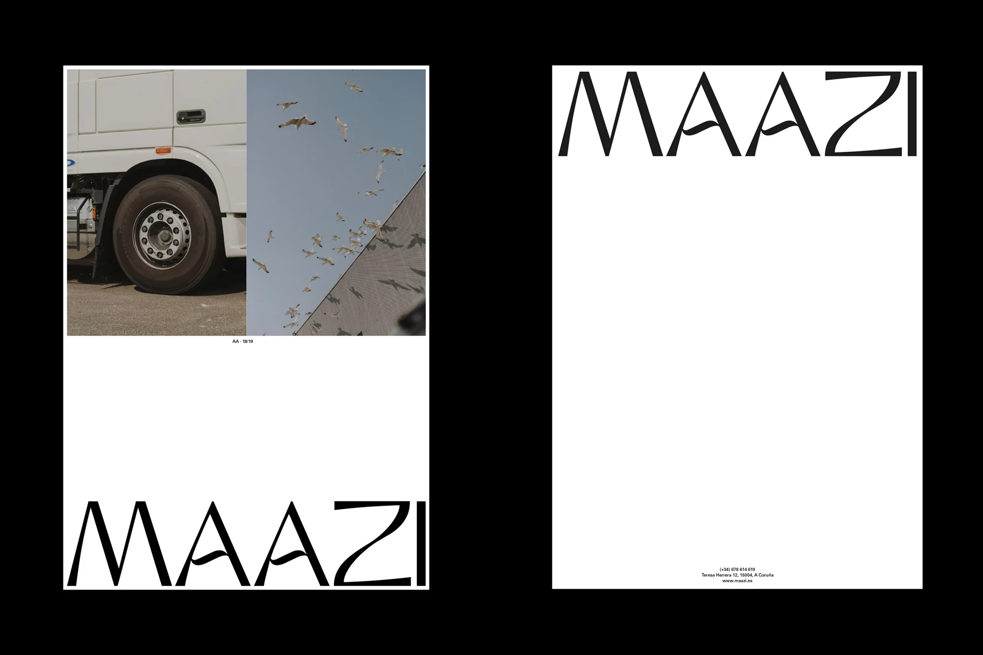 Magazine cover features a truck close-up, birds flying, and the large text 'MAAZI' in black against a stark white background.