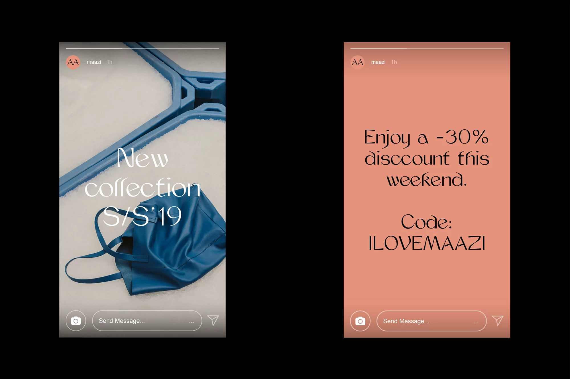 Promotional social media story with a blue tote bag, blue metal rack, and a peach-colored panel with a discount code.