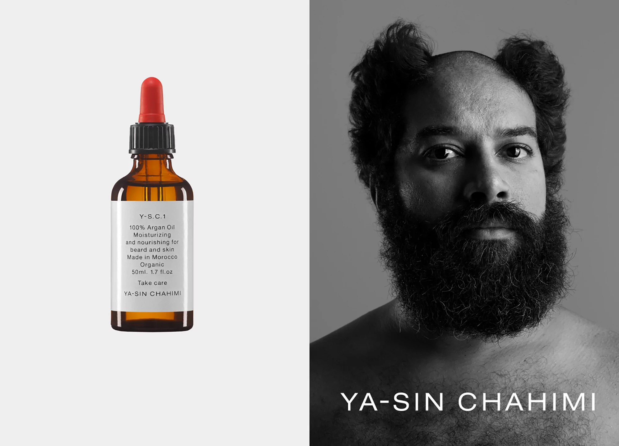 Black and white portrait of a bearded man and a skincare product bottle on a split background in a product shot. Beauty advertising.