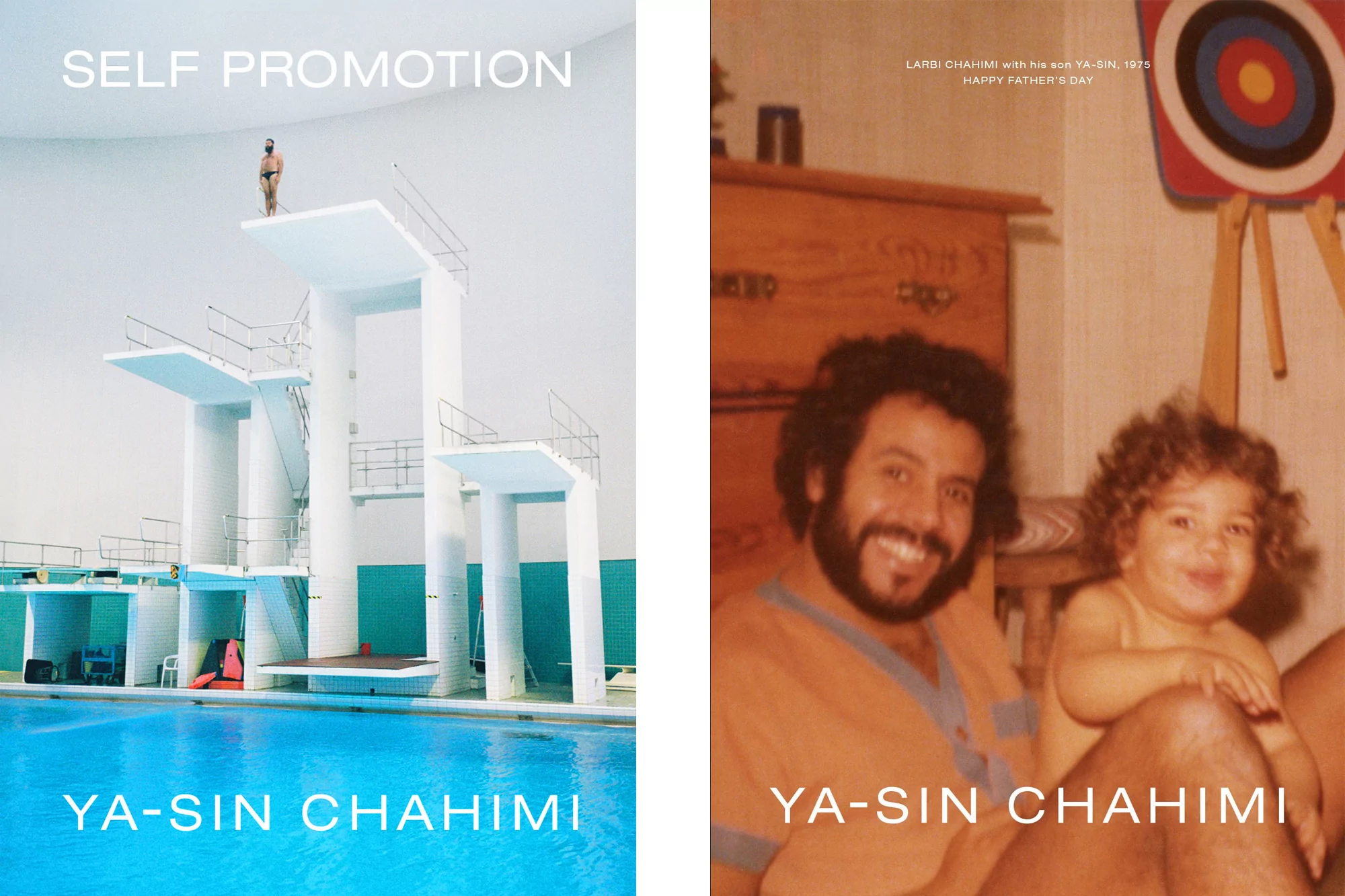 Split-image book cover features a man poised on a diving board and a photo of a man holding a young child, both images by YA-SIN CHAHIMI.