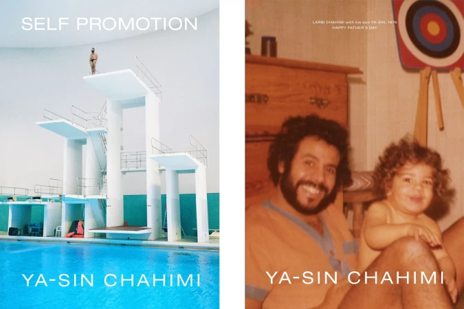Split-image book cover features a man poised on a diving board and a photo of a man holding a young child, both images by YA-SIN CHAHIMI.