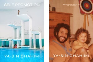 Diptych layout showing an empty diving platform over a pool and a vintage photograph of a man with a child