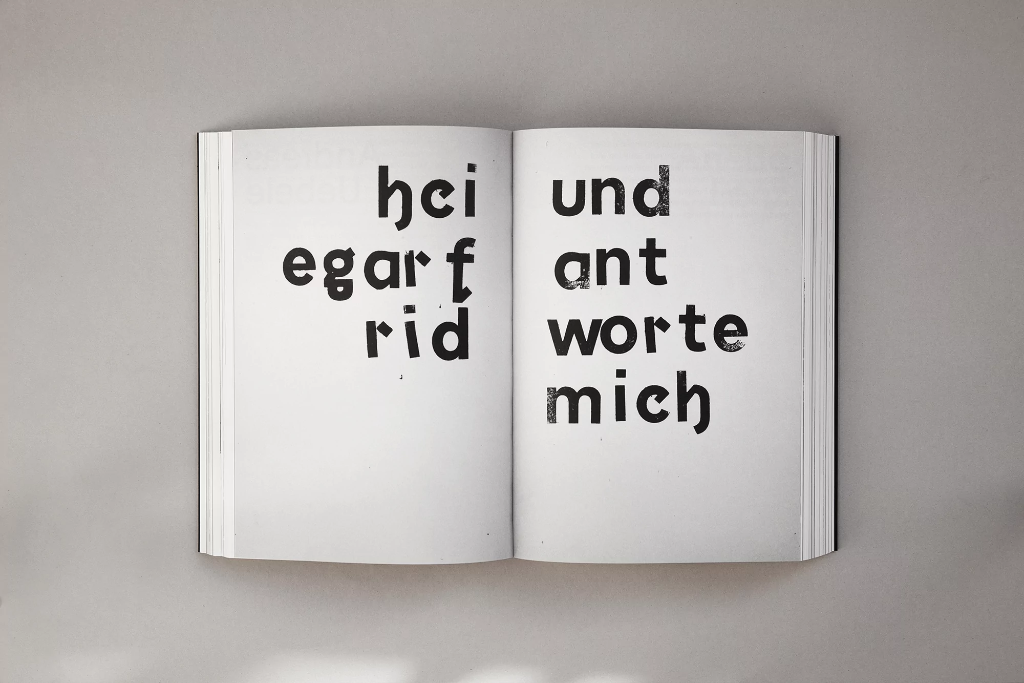 Open book displaying black serif typography on white pages, showcasing a unique design with clear visual hierarchy and texture.