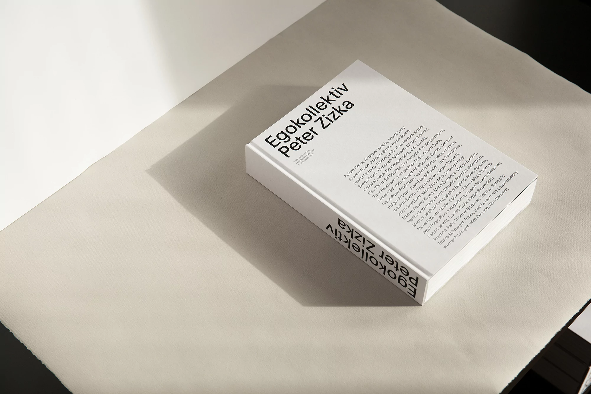 A white book titled Egokollektiv Peter Zizka rests diagonally on a pale neutral surface under natural light casting a sharp diagonal shadow.