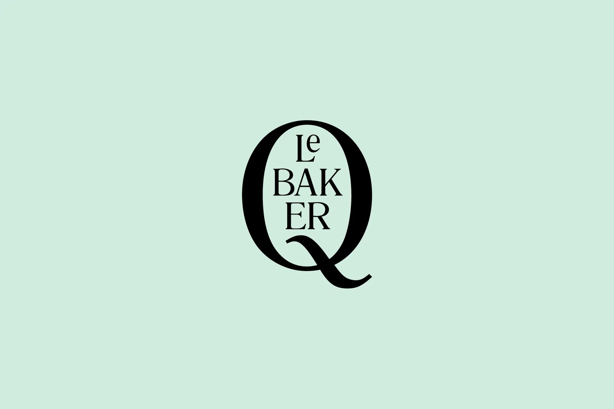 Elegant logo featuring a stylized letter Q with the words 'Le Baker' incorporated, set against a soft, light-green background.