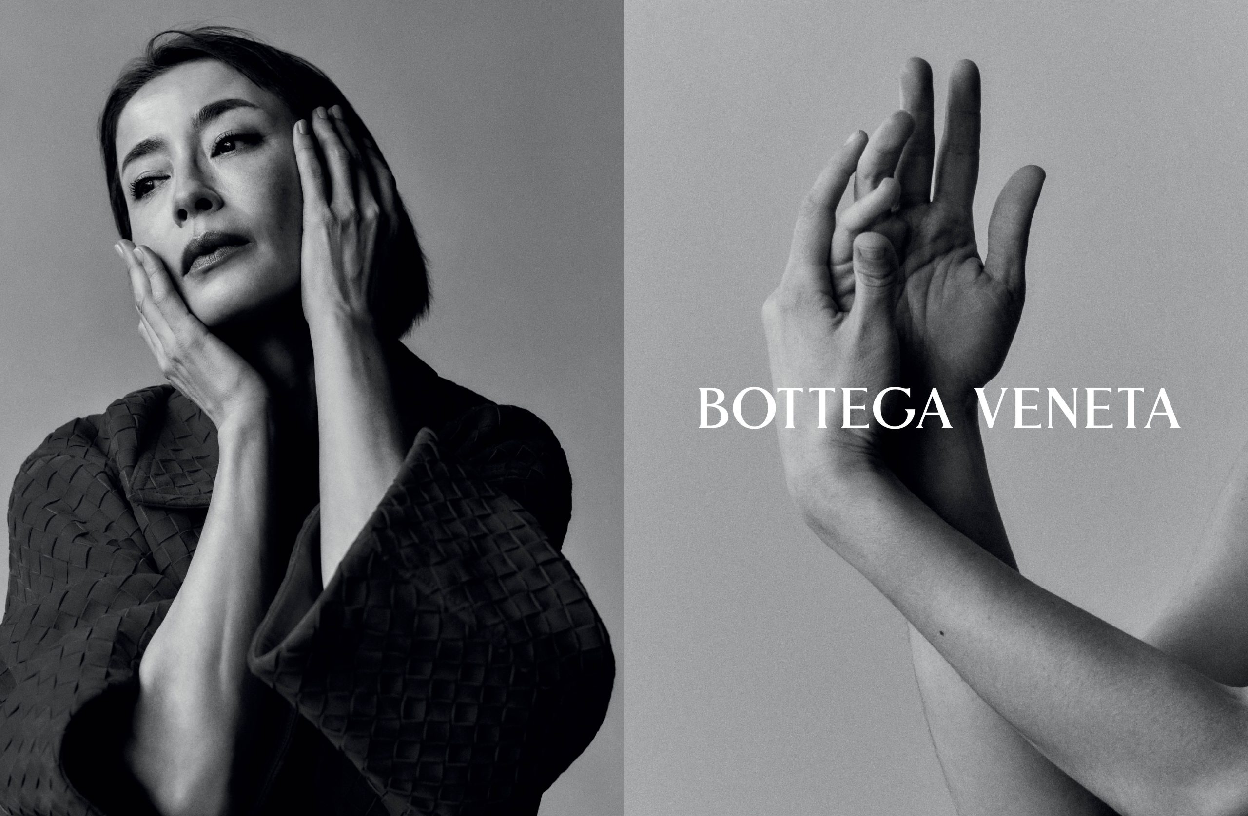 Portrait of an Asian woman with her hands on her face next to a close-up of another persons interlaced hands. Bottega Veneta logo in center.