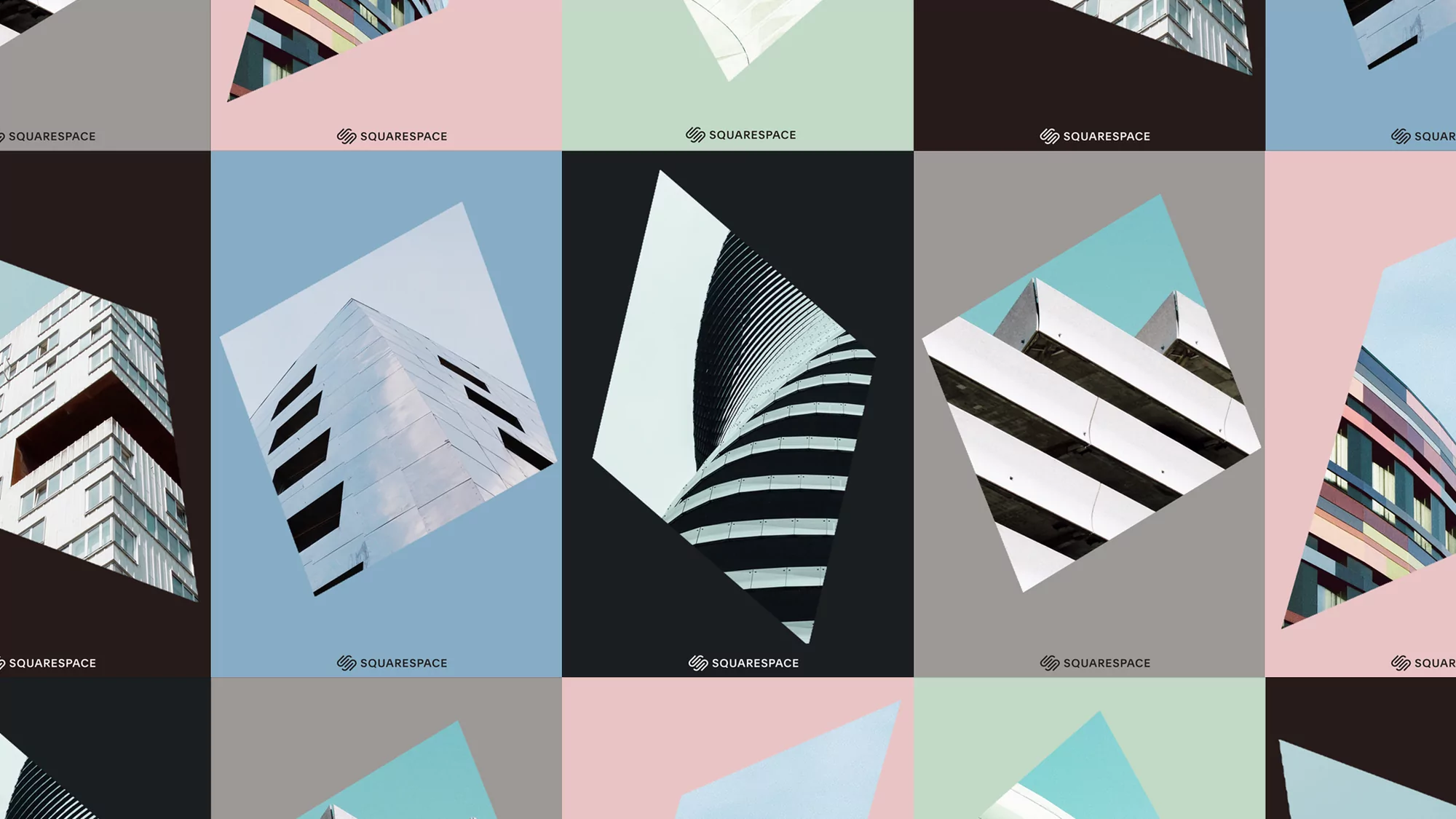 Architectural collage showcases modern building exteriors in a geometric display with varied colors and the Squarespace logo.