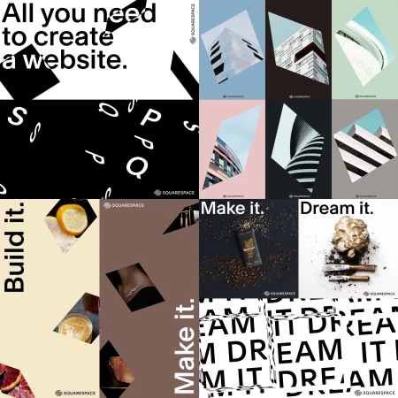 Squarespace brand advertisement featuring website creation, architectural structures, food, jewelry, and the slogan, 'Dream it. Make it. Build it.'