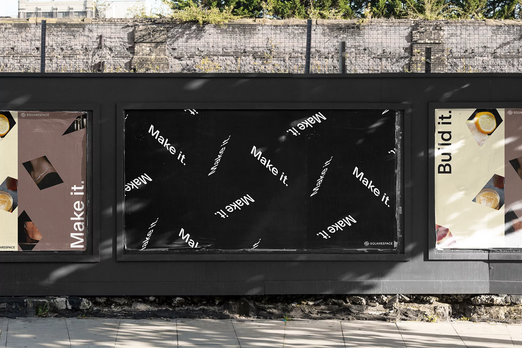 Outdoor billboard advertisement featuring Squarespace branding and the slogan 'Make it. Build it.' against a textured urban wall backdrop.