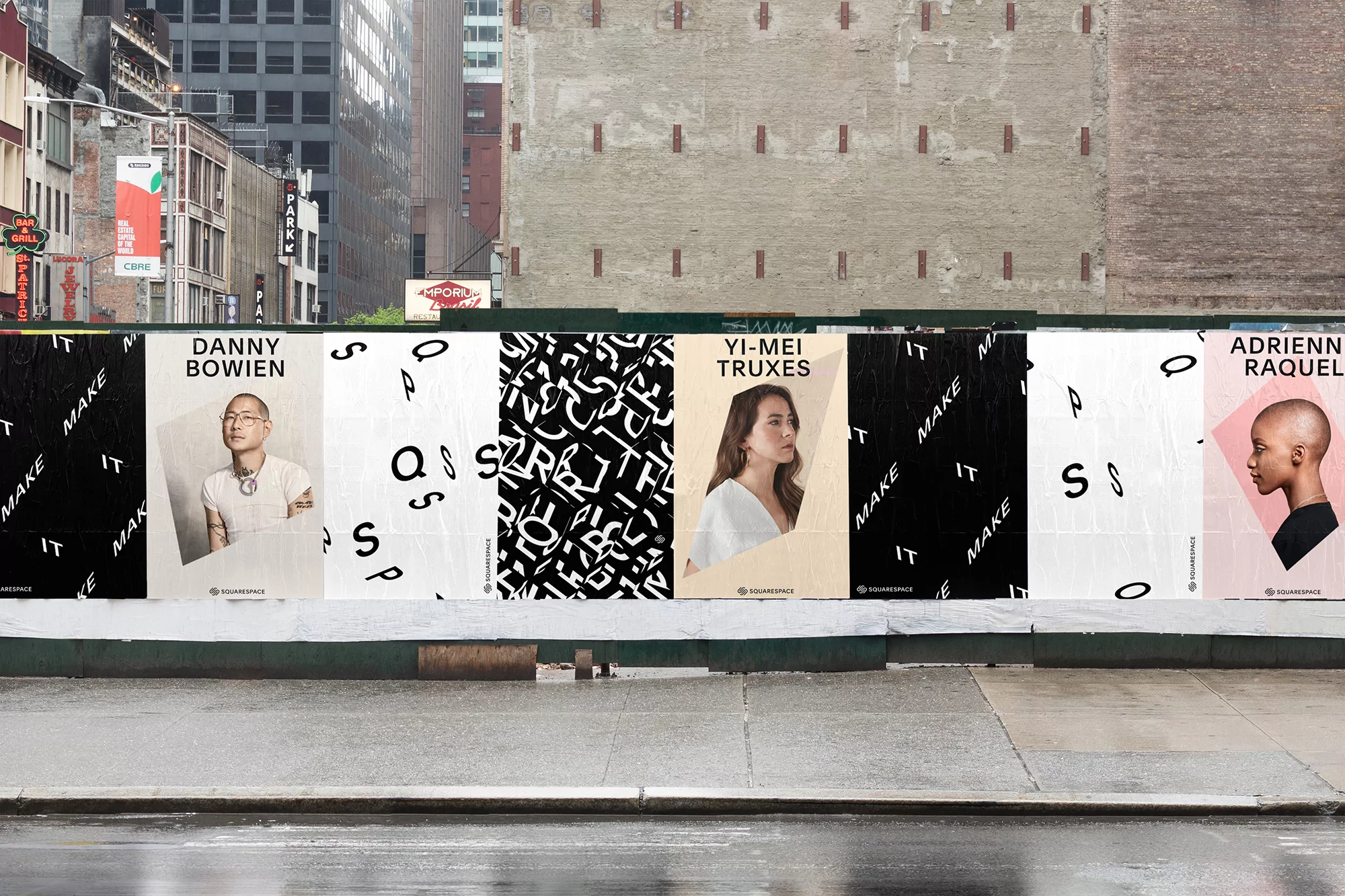 Outdoor posters on a city street feature portraits of Danny Bowien, Yi-Mei Truxes, and Adrienn Raquel, along with black and white graphic designs.