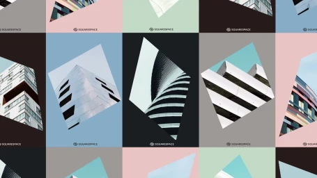 Squarespace brand identity featuring a grid of architectural photography panels with geometric parallelogram shapes and the Squarespace logo.