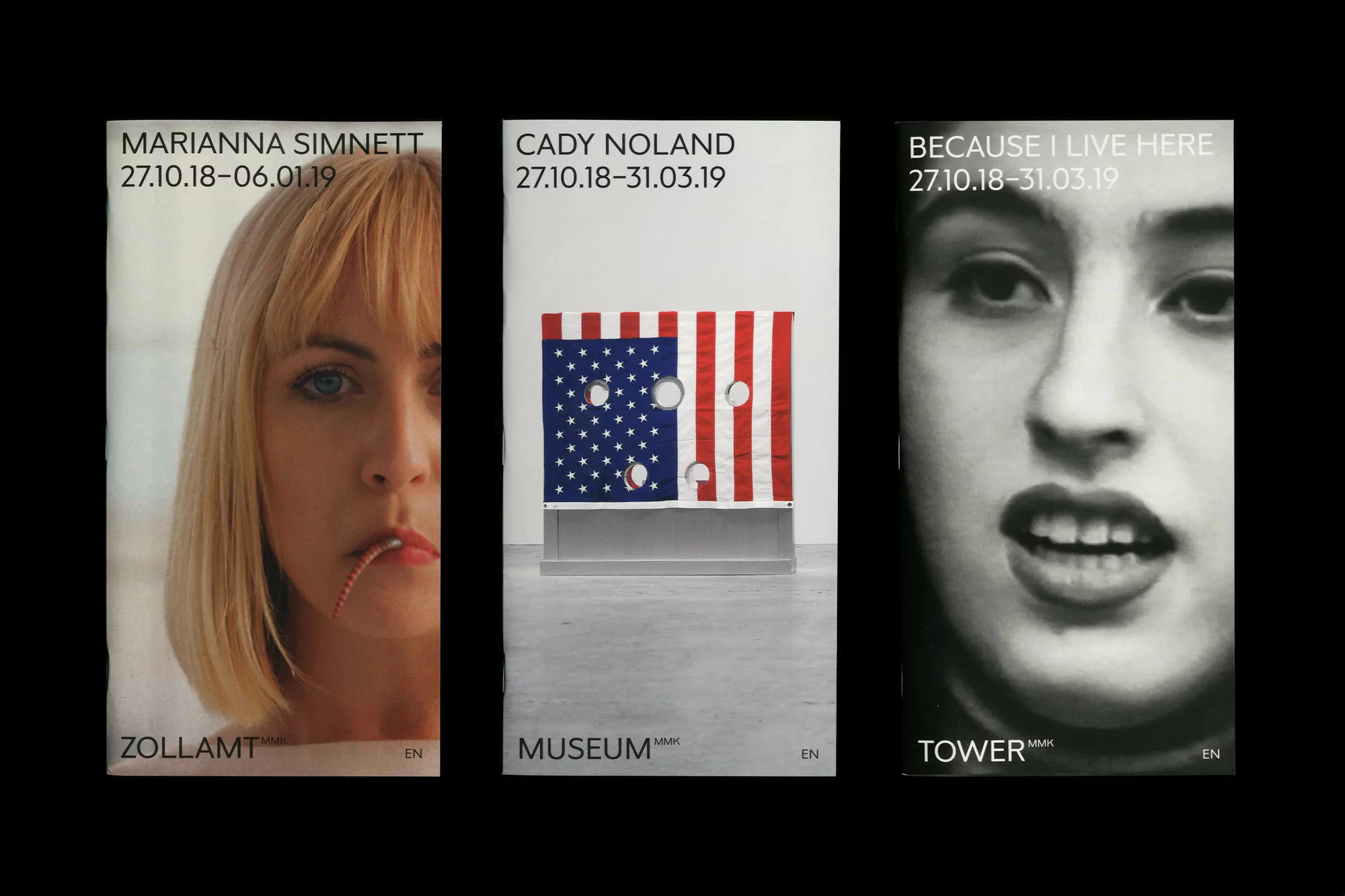 Three art posters of women's faces and the US flag, displayed in a row against a dark background, showcasing art exhibition details.