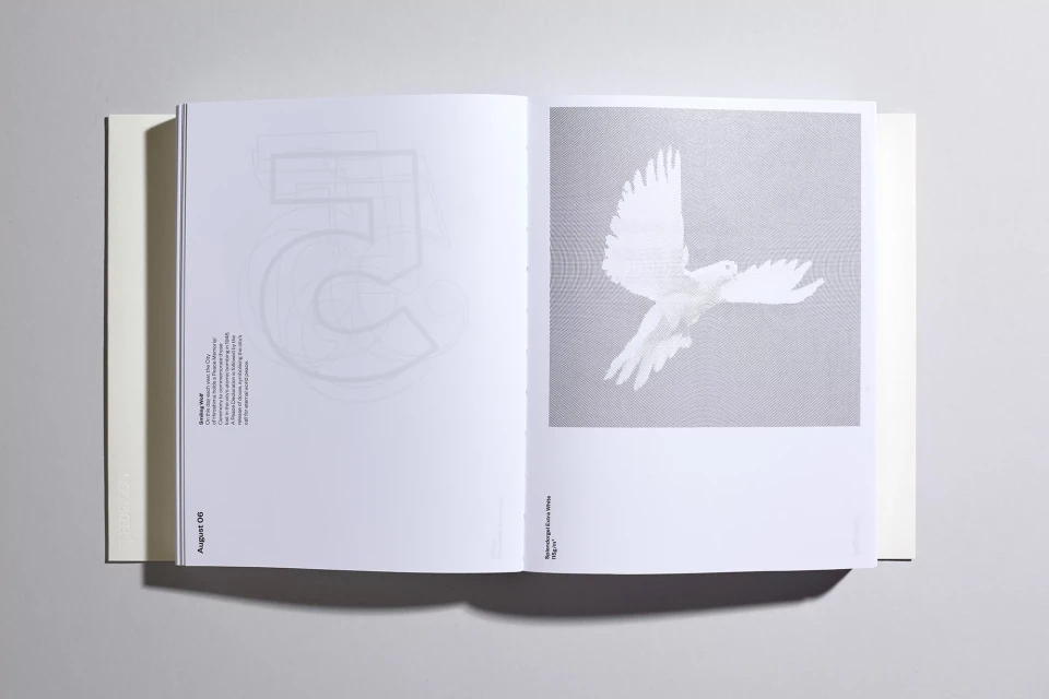 Open book displays an image of a dove in flight on the right page and the faint outline of the number '5' on the left page.