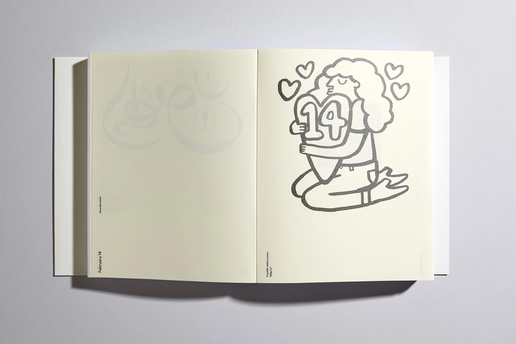 Illustration in a book of a kneeling woman hugging a heart with the number 14 on it surrounded by smaller heart shapes.