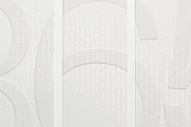 Monochrome embossed paper design featuring curved architectural shapes and layered typographic details by Fedrigoni