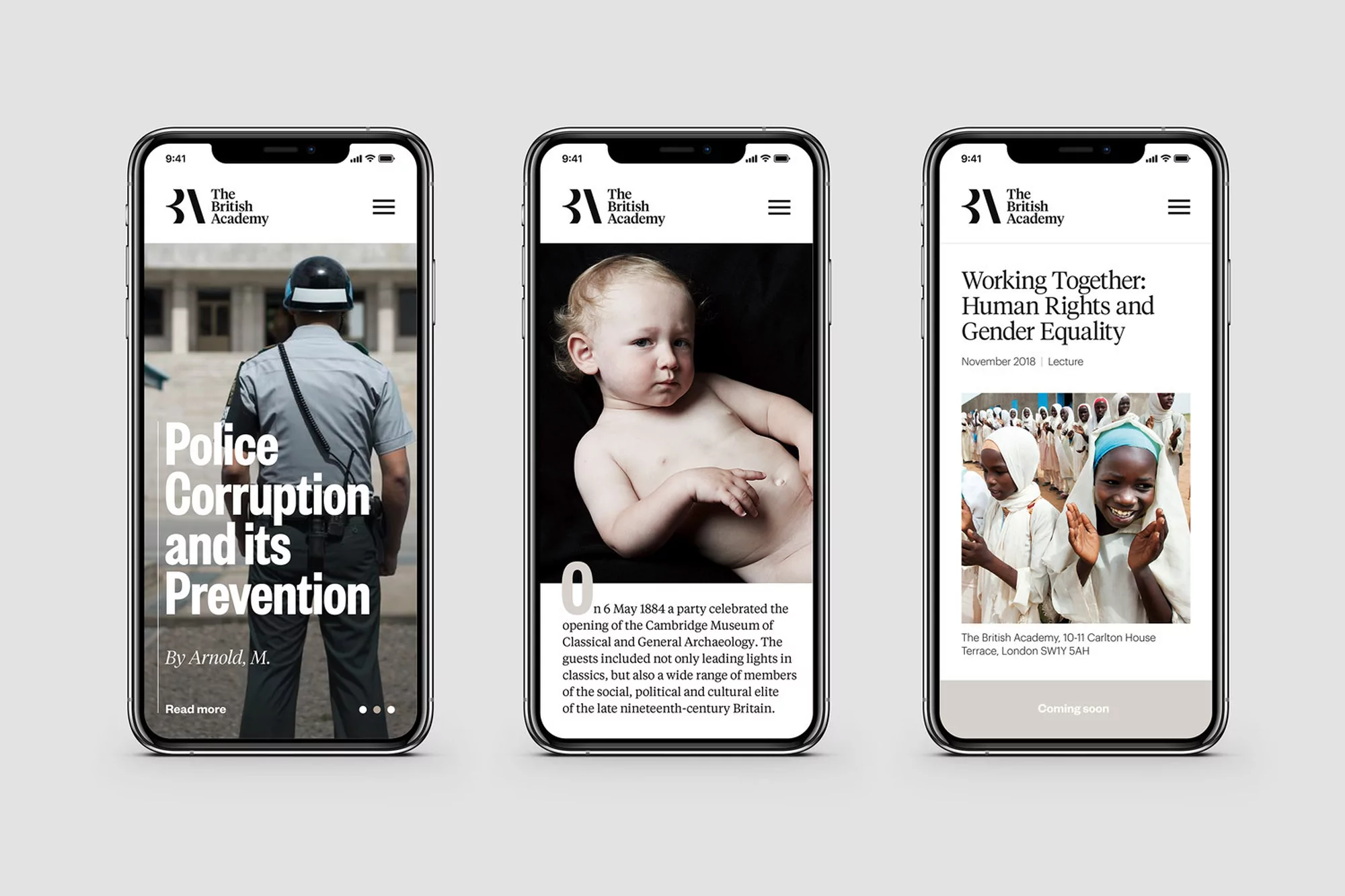 Three iPhone screens display the British Academy website, showcasing articles on police corruption, a baby's portrait, and human rights.