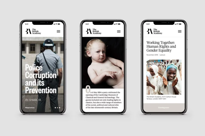 Three iPhone screens display the British Academy website, showcasing articles on police corruption, a baby's portrait, and human rights.