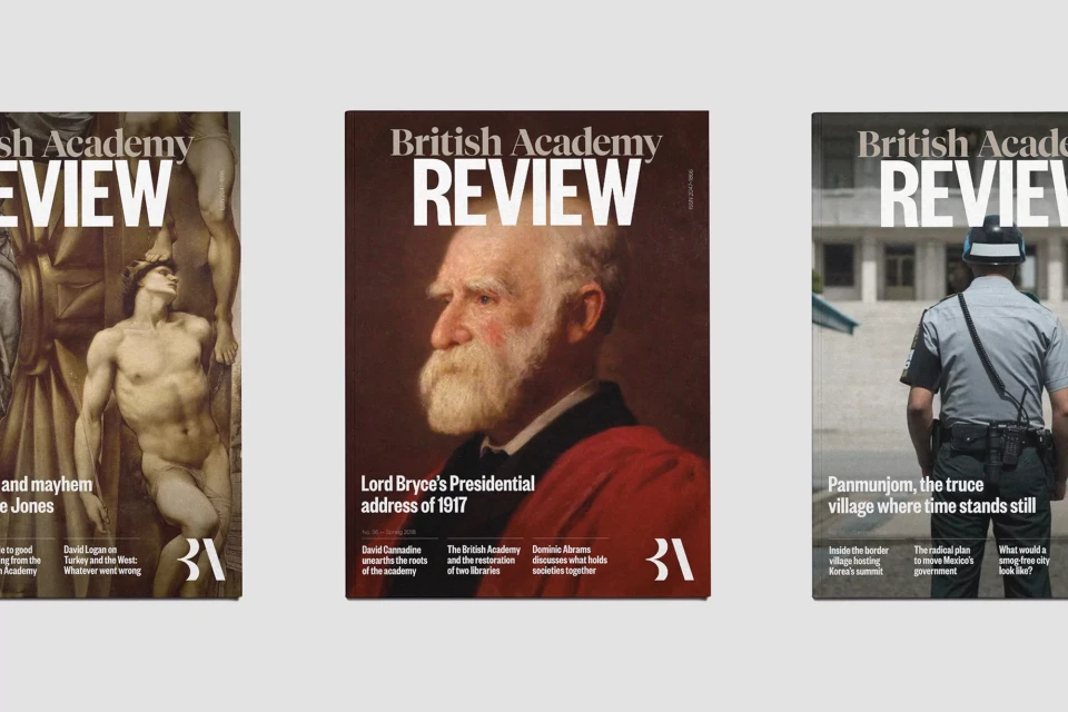 Three British Academy Review magazine covers with diverse subjects: classical art, portrait of Lord Bryce, and Panmunjom truce village.