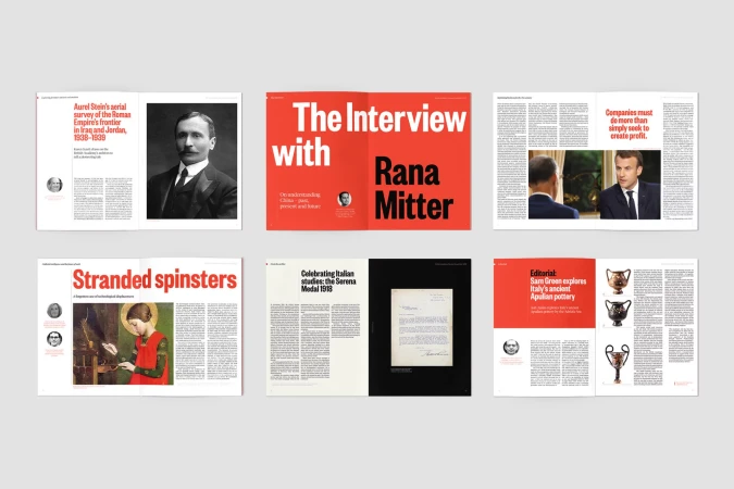 Editorial layout features article excerpts, portrait photographs, and prominent typography, creating a visually engaging magazine spread.