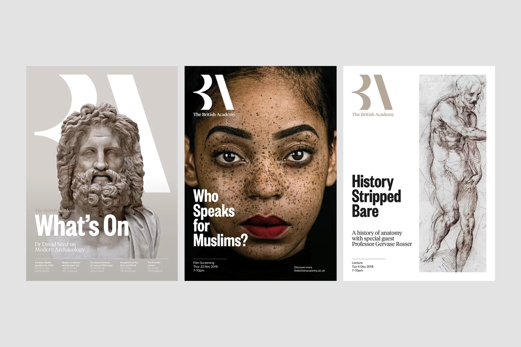 Artistic image featuring the British Academy's visual branding with a Zeus sculpture, a woman's face, and an anatomical drawing.