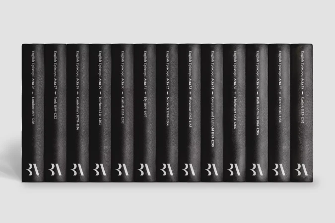 Collection of black English Episcopal Acta books displayed against a white background, showcasing their spines and printed titles.