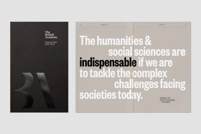 Open pages of The British Academy Strategic Plan 2018-2022, featuring a quote in bold white text on a light tan background.