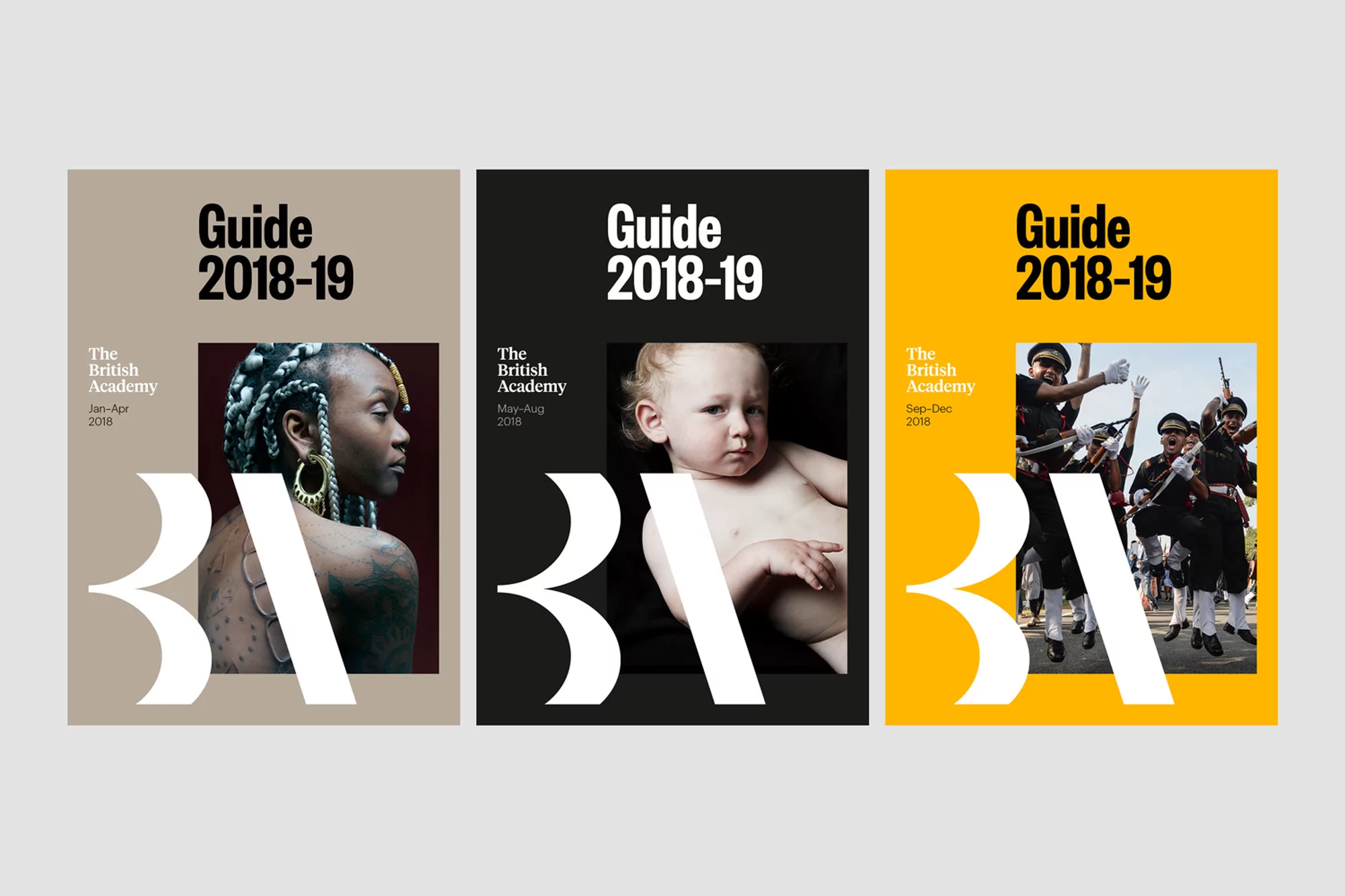 Three British Academy Guide 2018-19 covers with diverse people: woman with braids, baby, and marching band in black, gold, and tan. 