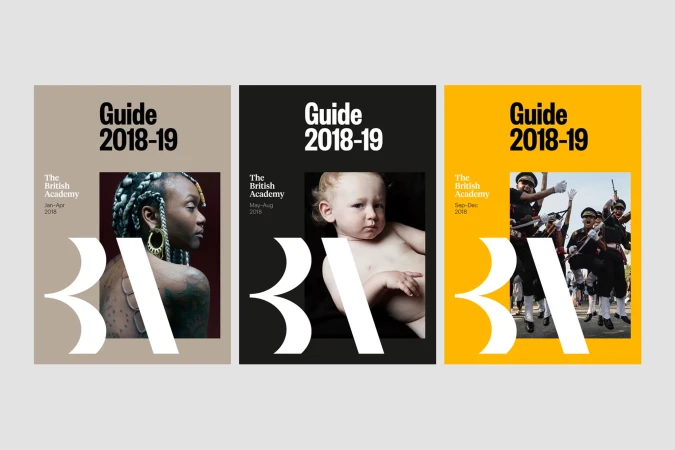 Three British Academy Guide 2018-19 covers with diverse people: woman with braids, baby, and marching band in black, gold, and tan. 