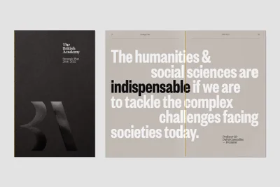 The British Academy strategic plan publication spread featuring bold typography on a neutral grey background alongside a dark cover.