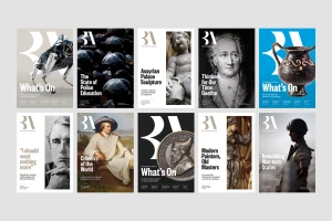 A collection of ten magazine and event publication covers featuring the British Academy branding and diverse artistic and historical imagery.