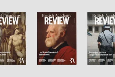 Three magazine covers for British Academy Review featuring classical art and a police officer against a pale background