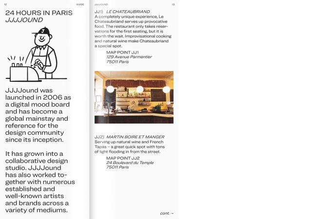 Page from a magazine with a cartoon illustration of a man near a cash register, and text about food and design studio JJJJound.