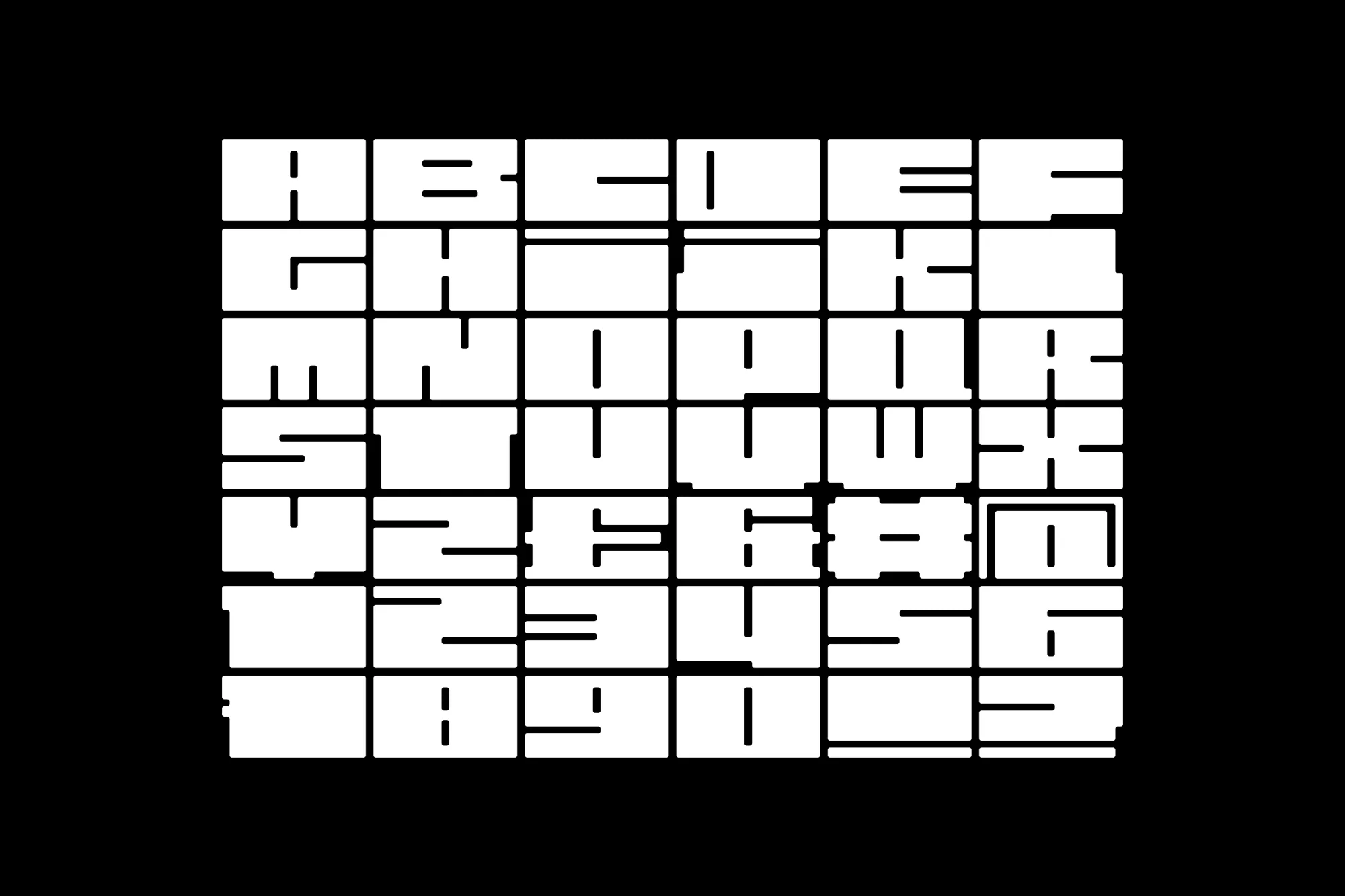 Illustration of black and white block alphabet, featuring a grid layout and square shapes.