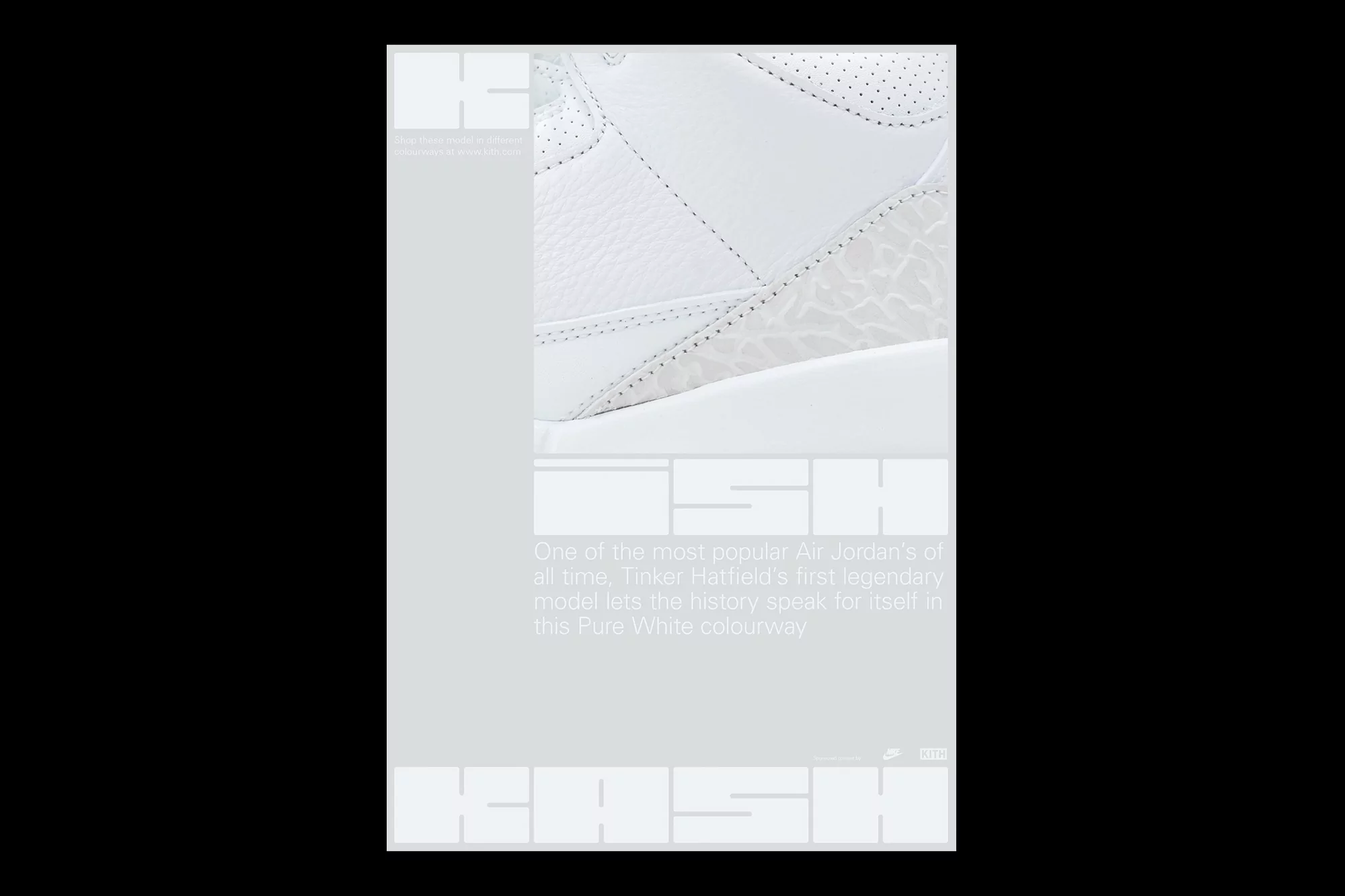 Close-up of a white Air Jordan sneaker highlighting the texture and design details on a light grey background with text.
