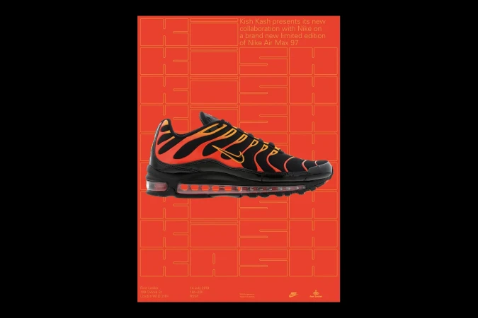 Nike Air Max 97 sneaker in black with orange flame pattern on a poster featuring a grid design with brand collaboration text.