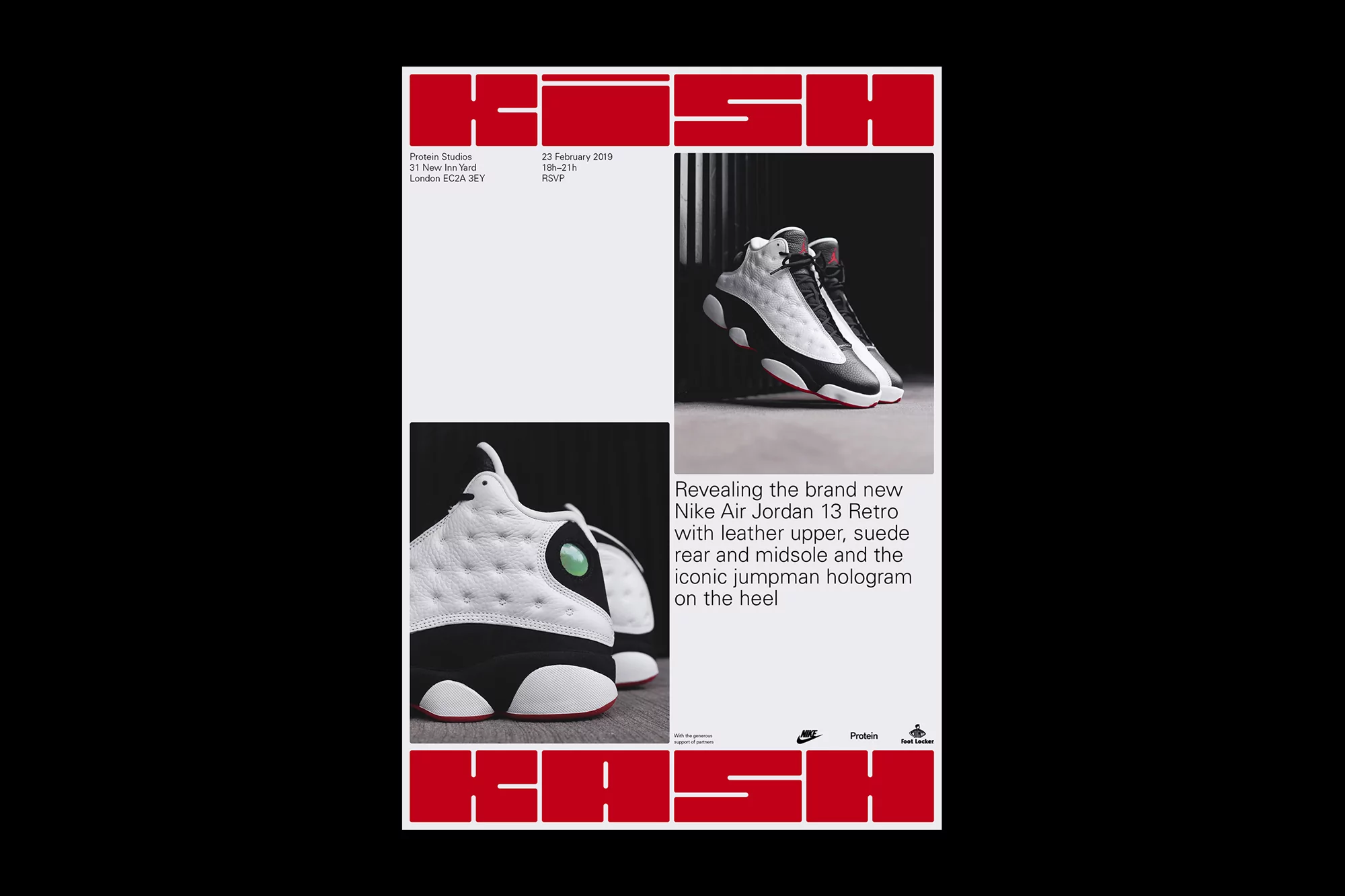 Nike Air Jordan 13 Retro promotion poster featuring close-up shots of the shoes in black and white, with bold red text.