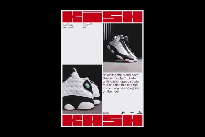 Nike Air Jordan 13 Retro promotion poster featuring close-up shots of the shoes in black and white, with bold red text.