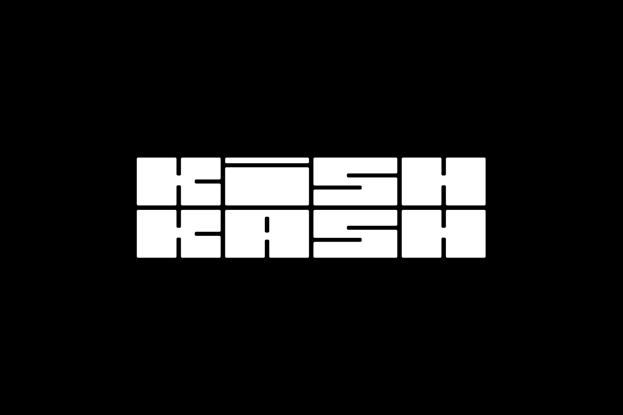 White text graphic reads KOSH and KASH on a black background, featuring squared block letters in a minimalist design.