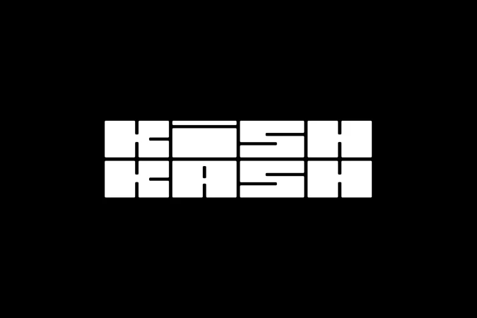 White text graphic reads KOSH and KASH on a black background, featuring squared block letters in a minimalist design.