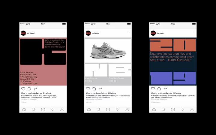 Three Instagram posts featuring sneaker convention info, a New Balance sneaker, and a New Year greeting, all with the same branding.