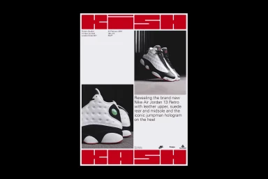 Graphic poster layout for Kish Kash featuring high-contrast red typography and photographic panels displaying sneakers.