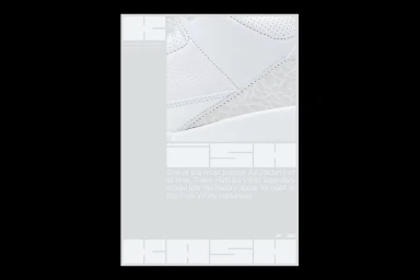 Close up white sneaker product shot with graphic typography overlay for Kish Kash brand identity