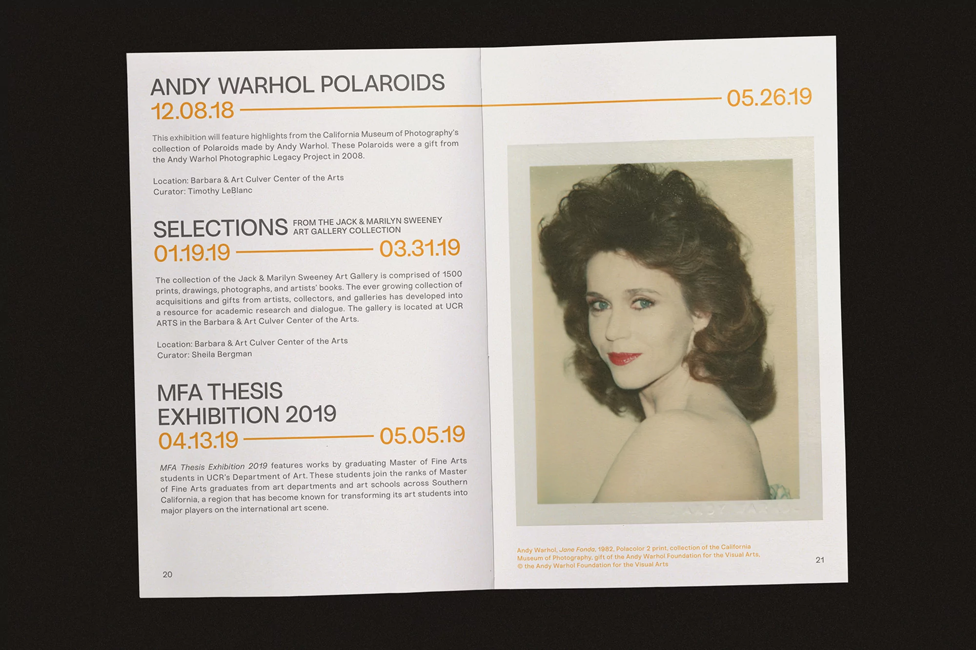 Polaroid portrait of Jane Holzer by Andy Warhol from a museum exhibition catalog, focusing on the subject's dark curly hair and red lipstick.