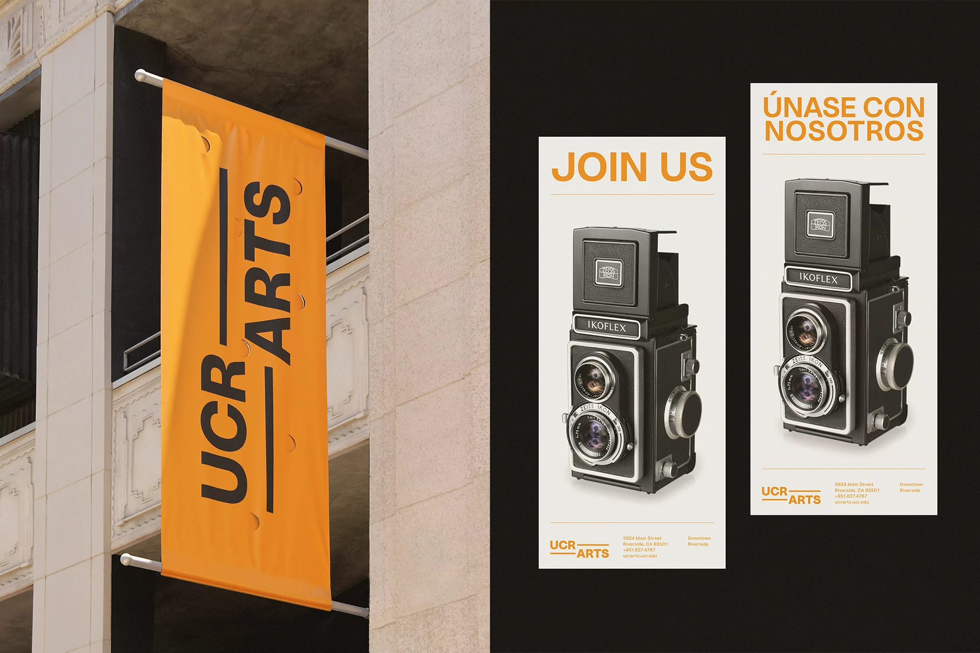 UCR ARTS banner hangs on a building exterior; posters for JOIN US and ÚNASE CON NOSOTROS feature vintage camera equipment.