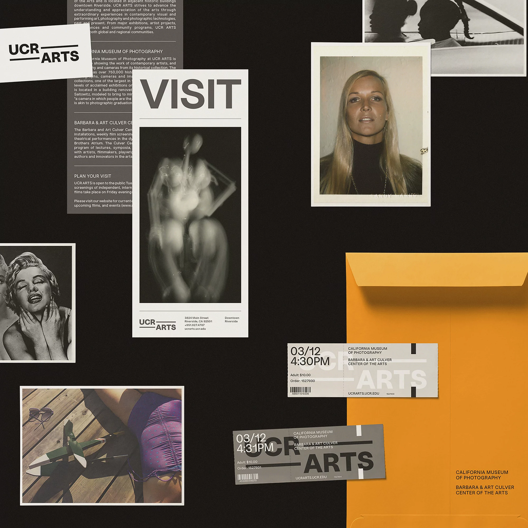 Art exhibit collage featuring vintage photos, tickets, and typography on a black background, offering a visually rich, textured composition.