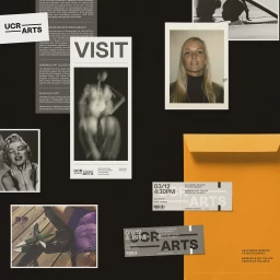 Collage layout featuring UCR Arts brand elements, tickets, archival photographs, and printed promotional materials on dark background.