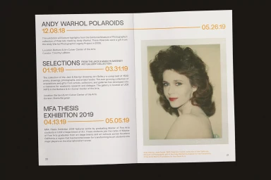 An open exhibition catalogue showing event dates on the left page and a portrait photograph of Jane Fonda on the right page.