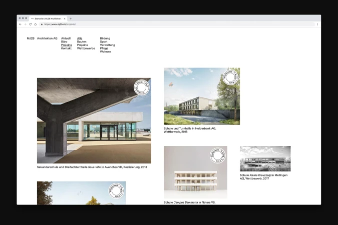 Website screenshots featuring modern architectural designs of buildings; light grey concrete and glass exteriors; commercial architecture.